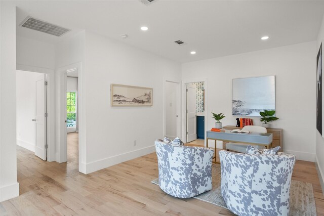 office area with visible vents, recessed lighting, and light wood-style flooring