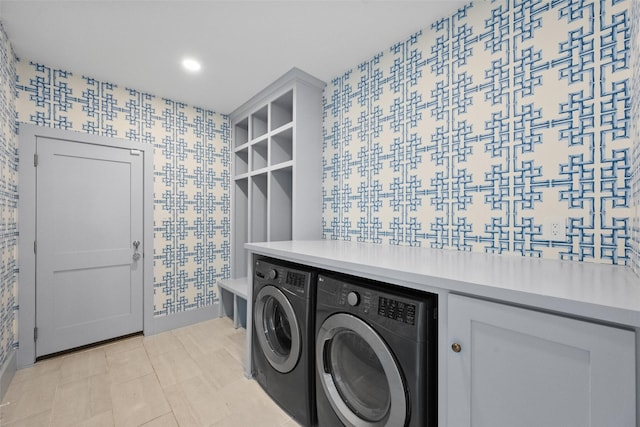 4401 El Campo Ave, Fort Worth, TX 76107 - laundry room featuring wallpapered walls, independent washer and dryer, and an accent wall