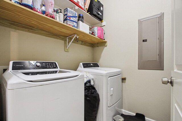 4713 Garrison Ave, Dallas, TX 75216 - laundry area featuring baseboards, washing machine and clothes dryer, electric panel, and laundry area