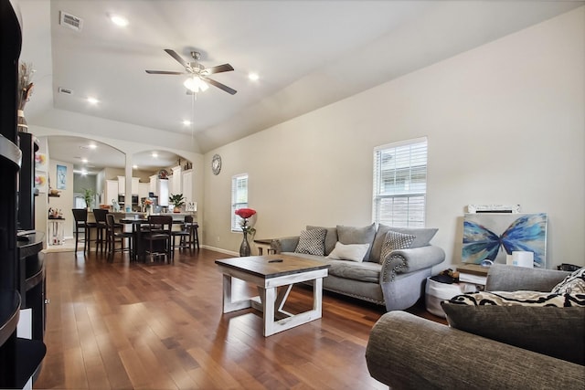 4713 Garrison Ave, Dallas, TX 75216 - living room featuring plenty of natural light, ceiling fan, dark wood-style flooring, and visible vents