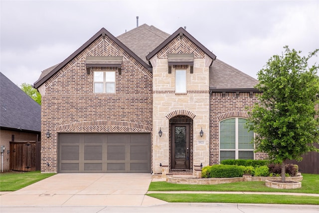 5521 Riverside Ln, Mckinney, TX 75070 - french country home with brick siding, fence, stone siding, and concrete driveway