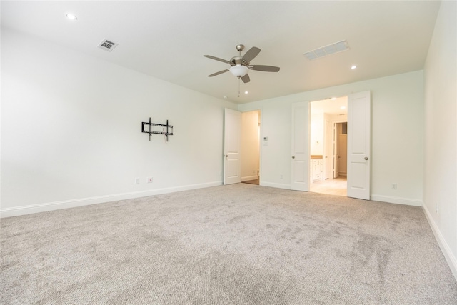 5521 Riverside Ln, Mckinney, TX 75070 - interior space featuring visible vents, a ceiling fan, light carpet, and recessed lighting