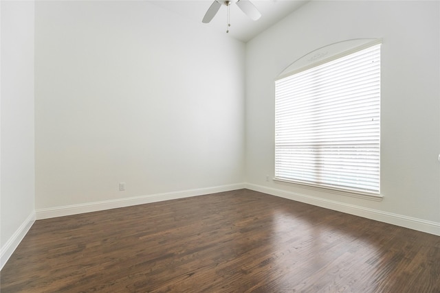 5521 Riverside Ln, Mckinney, TX 75070 - unfurnished room with baseboards, dark wood-style flooring, ceiling fan, and lofted ceiling