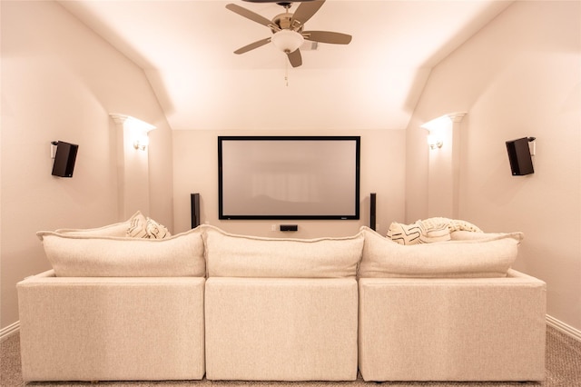 5521 Riverside Ln, Mckinney, TX 75070 - carpeted cinema featuring baseboards, a ceiling fan, and vaulted ceiling