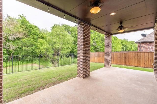 5521 Riverside Ln, Mckinney, TX 75070 - view of patio with a fenced backyard and a ceiling fan