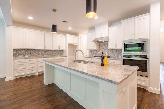 5521 Riverside Ln, Mckinney, TX 75070 - kitchen featuring visible vents, decorative backsplash, under cabinet range hood, a sink, and stainless steel appliances