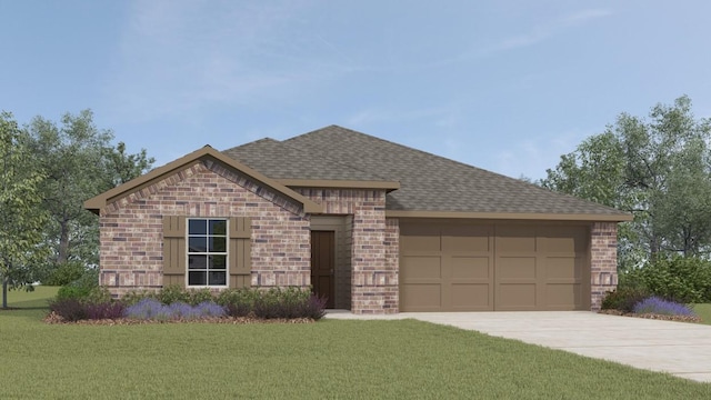 view of front of home with brick siding, driveway, roof with shingles, and a garage