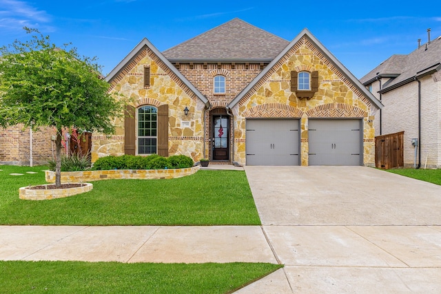 view of front of house with brick siding, a front lawn, concrete driveway, a shingled roof, and stone siding