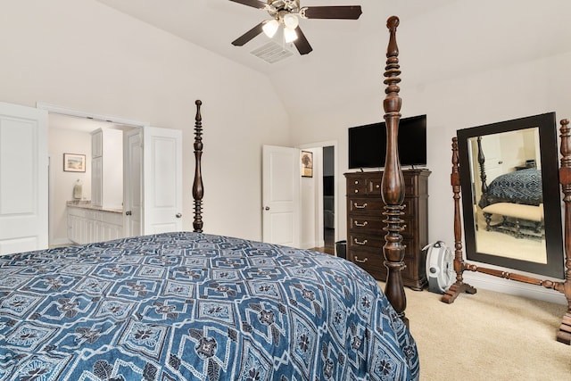 carpeted bedroom featuring a ceiling fan, visible vents, ensuite bathroom, and lofted ceiling