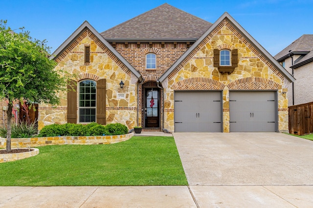 view of front of home with roof with shingles, fence, driveway, and stone siding