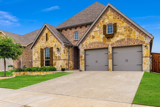 view of front of property featuring a shingled roof, concrete driveway, brick siding, and stone siding