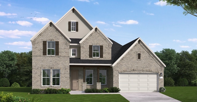 view of front of property featuring a garage, a front lawn, stucco siding, and driveway