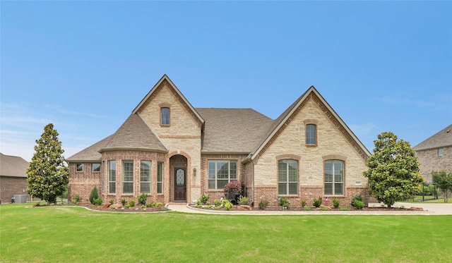 602 Limmerhill Dr, Rockwall, TX 75087 - view of front of home with brick siding, central AC unit, a front yard, and roof with shingles