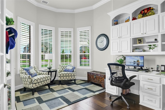 602 Limmerhill Dr, Rockwall, TX 75087 - office area with dark wood-style flooring, visible vents, crown molding, built in study area, and baseboards