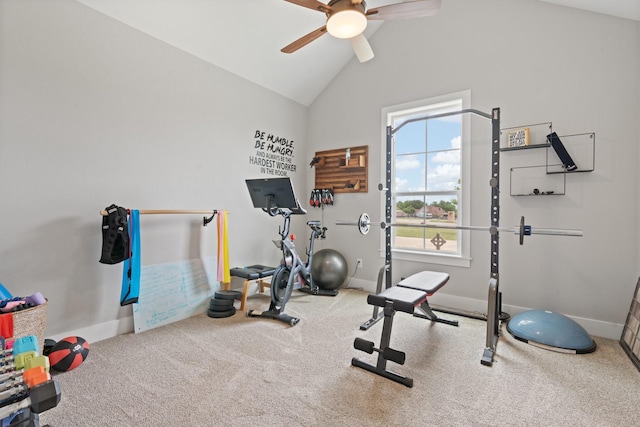 exercise room with carpet flooring, ceiling fan, baseboards, and high vaulted ceiling