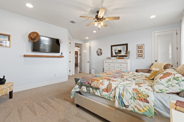 bedroom with carpet flooring, recessed lighting, ceiling fan, and visible vents