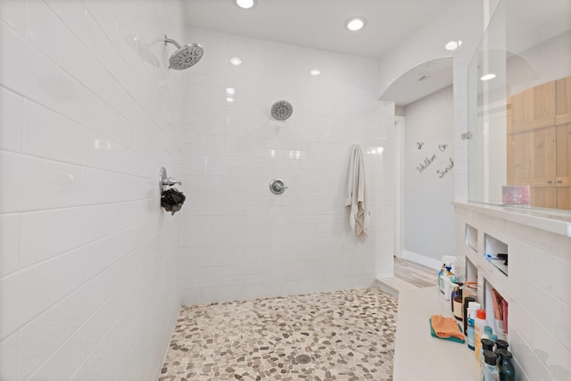 full bath with a walk in shower and recessed lighting
