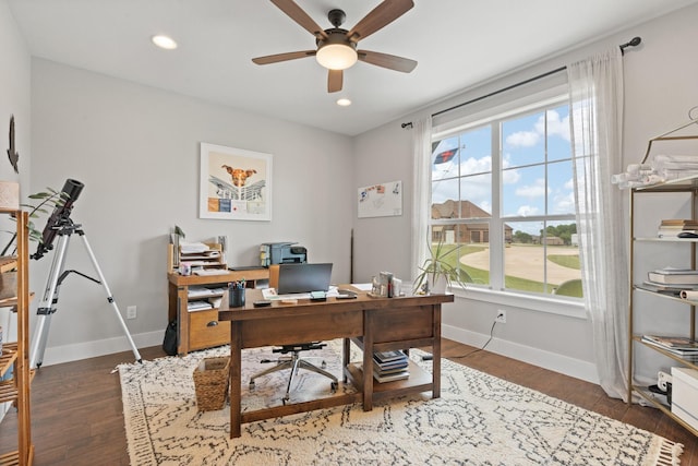 office space with baseboards, a ceiling fan, recessed lighting, and wood finished floors