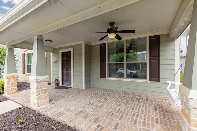 view of patio featuring a ceiling fan and covered porch