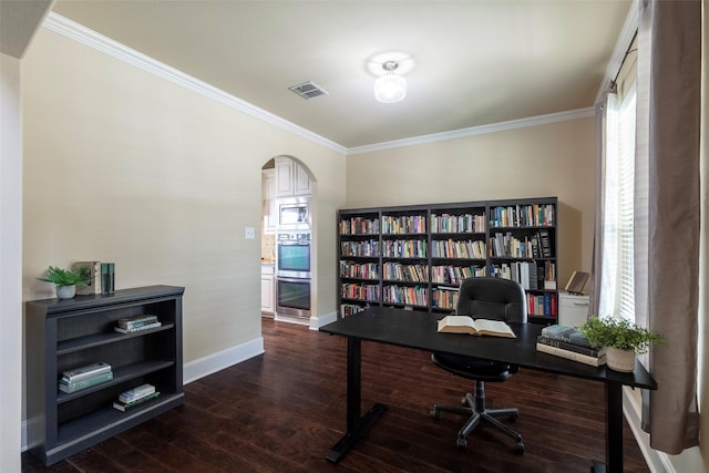2606 Kennedy Dr, Melissa, TX 75454 - office area with crown molding, baseboards, dark wood finished floors, and arched walkways