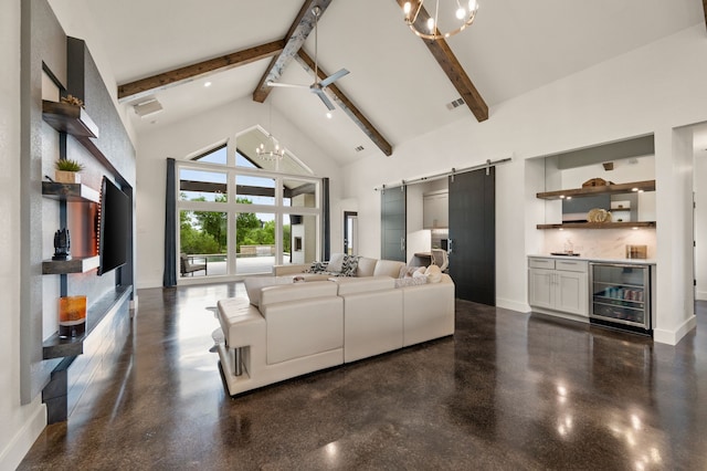 living room with a dry bar, a barn door, beam ceiling, high vaulted ceiling, and beverage cooler
