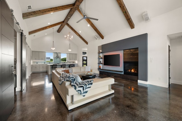 living room with a ceiling fan, visible vents, a fireplace, high vaulted ceiling, and beamed ceiling