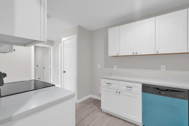kitchen with dishwasher, light countertops, baseboards, white cabinets, and light wood-style flooring