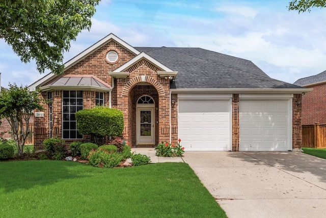 view of front of property featuring a garage, brick siding, a front lawn, concrete driveway, and a shingled roof