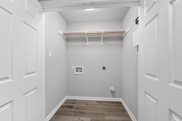 laundry room with laundry area, wood finished floors, baseboards, hookup for a washing machine, and hookup for an electric dryer