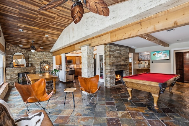 recreation room featuring billiards, a ceiling fan, a fireplace, wooden ceiling, and stone tile flooring