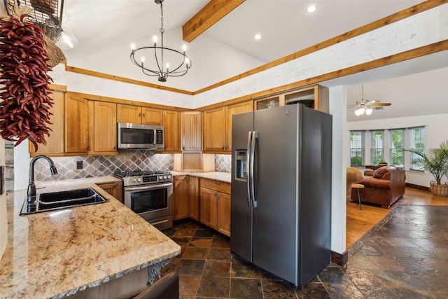 kitchen with a sink, brown cabinetry, stainless steel appliances, backsplash, and beamed ceiling