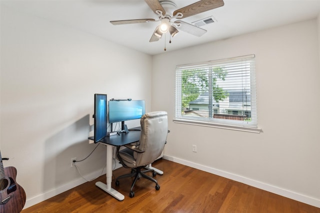 office with a ceiling fan, baseboards, visible vents, and wood finished floors