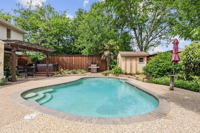 view of swimming pool with a pergola, a hot tub, a storage shed, a fenced backyard, and an outbuilding