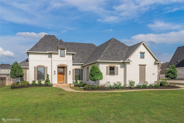 french country inspired facade featuring brick siding, a shingled roof, and a front yard
