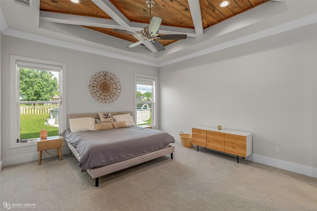 bedroom featuring baseboards, recessed lighting, light colored carpet, wooden ceiling, and coffered ceiling