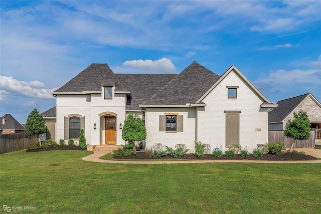 french country inspired facade with brick siding, a shingled roof, fence, and a front yard