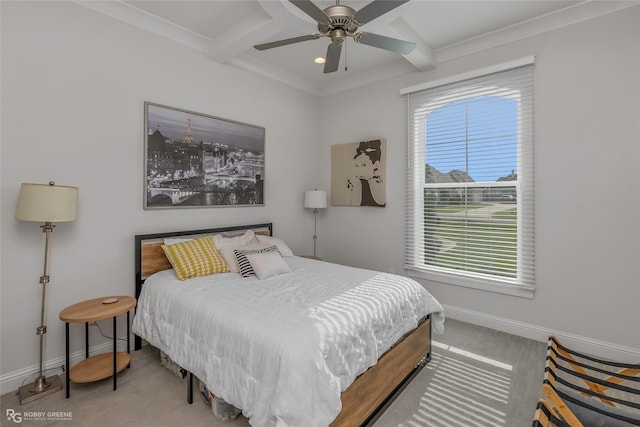 carpeted bedroom featuring baseboards, multiple windows, and beam ceiling
