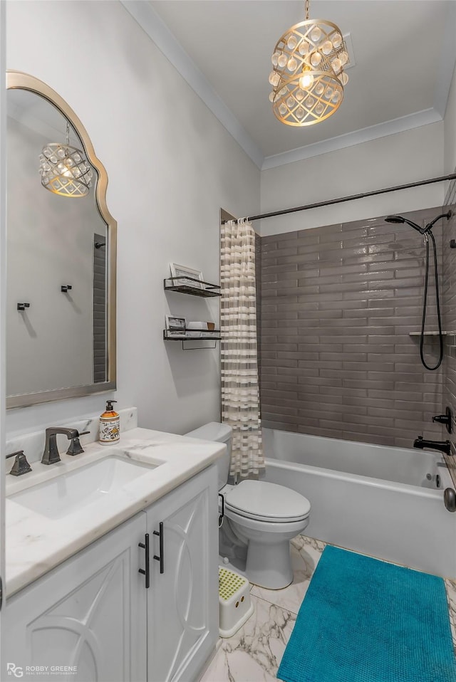 full bath with vanity, ornamental molding, marble finish floor, toilet, and shower / tub combo