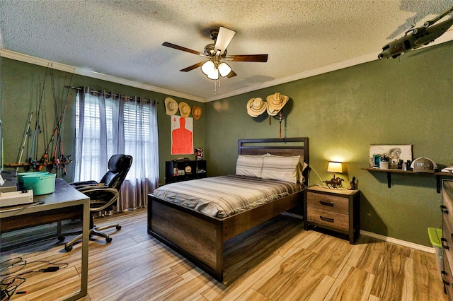 bedroom featuring crown molding, a textured ceiling, and wood finished floors