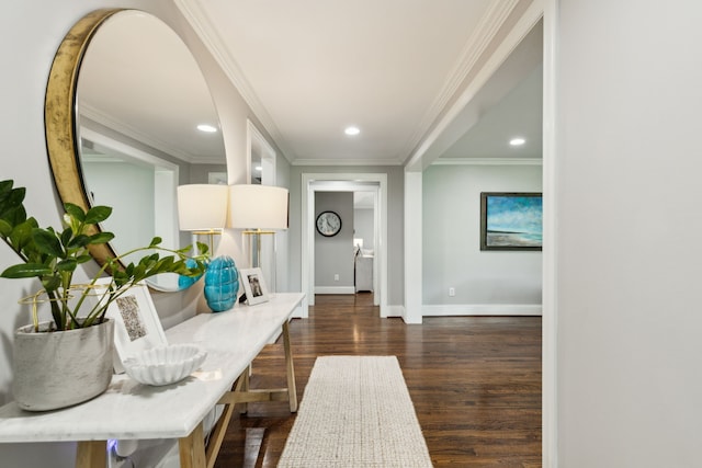 corridor featuring baseboards, ornamental molding, dark wood finished floors, and recessed lighting