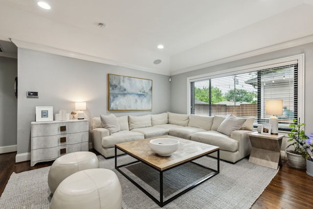 living area featuring crown molding, recessed lighting, and wood finished floors