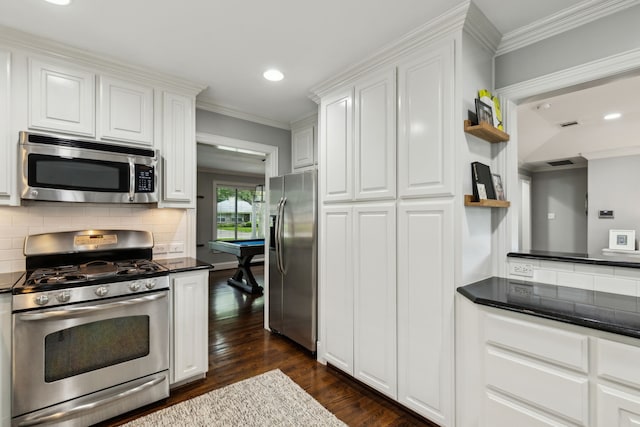 kitchen featuring appliances with stainless steel finishes, tasteful backsplash, open shelves, dark wood finished floors, and white cabinets