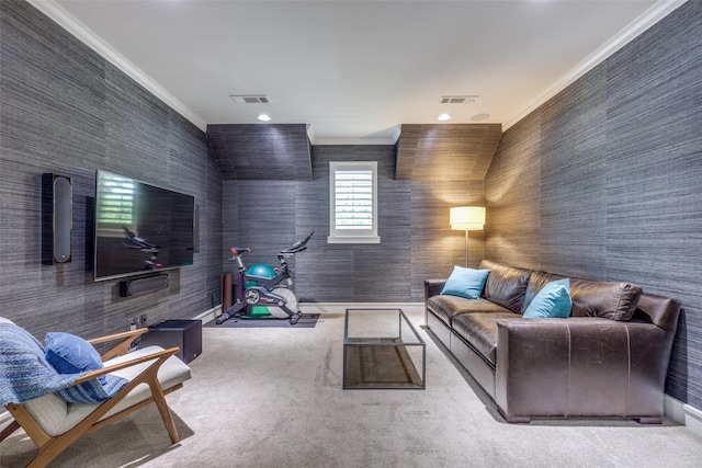 carpeted living area featuring baseboards, ornamental molding, wallpapered walls, and visible vents