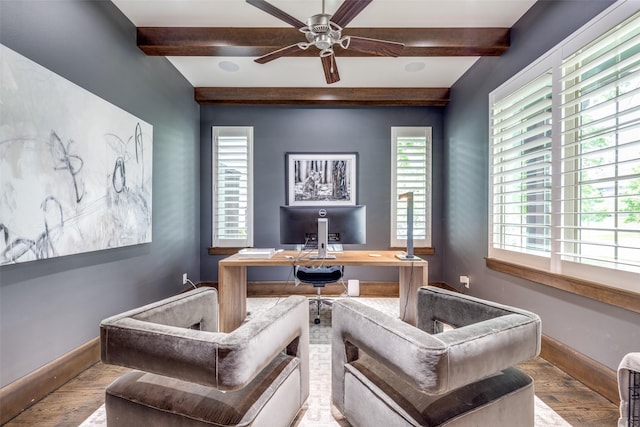 office area featuring baseboards, beam ceiling, and wood finished floors