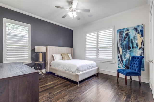 bedroom with crown molding, a ceiling fan, baseboards, and wood finished floors