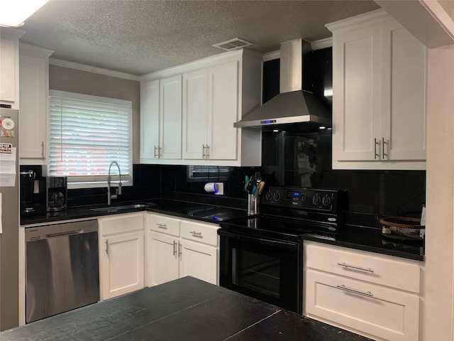 kitchen featuring dark countertops, a sink, dishwasher, black electric range, and wall chimney exhaust hood