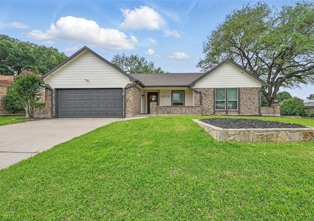 single story home featuring brick siding, driveway, a front lawn, and a garage