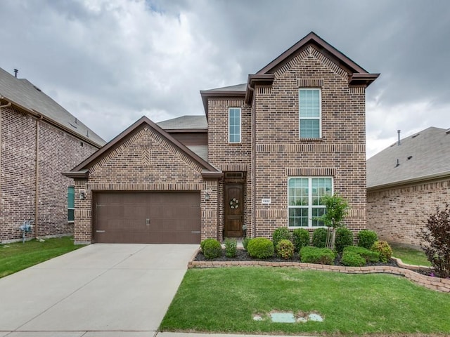 view of front of house featuring brick siding, a garage, a front lawn, and driveway