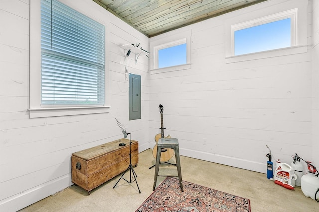interior space featuring wood ceiling, concrete flooring, and electric panel