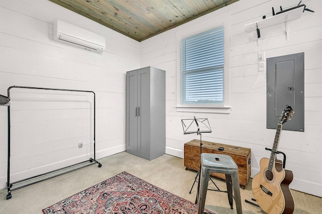 miscellaneous room featuring concrete flooring, wood walls, a wall mounted AC, wood ceiling, and electric panel